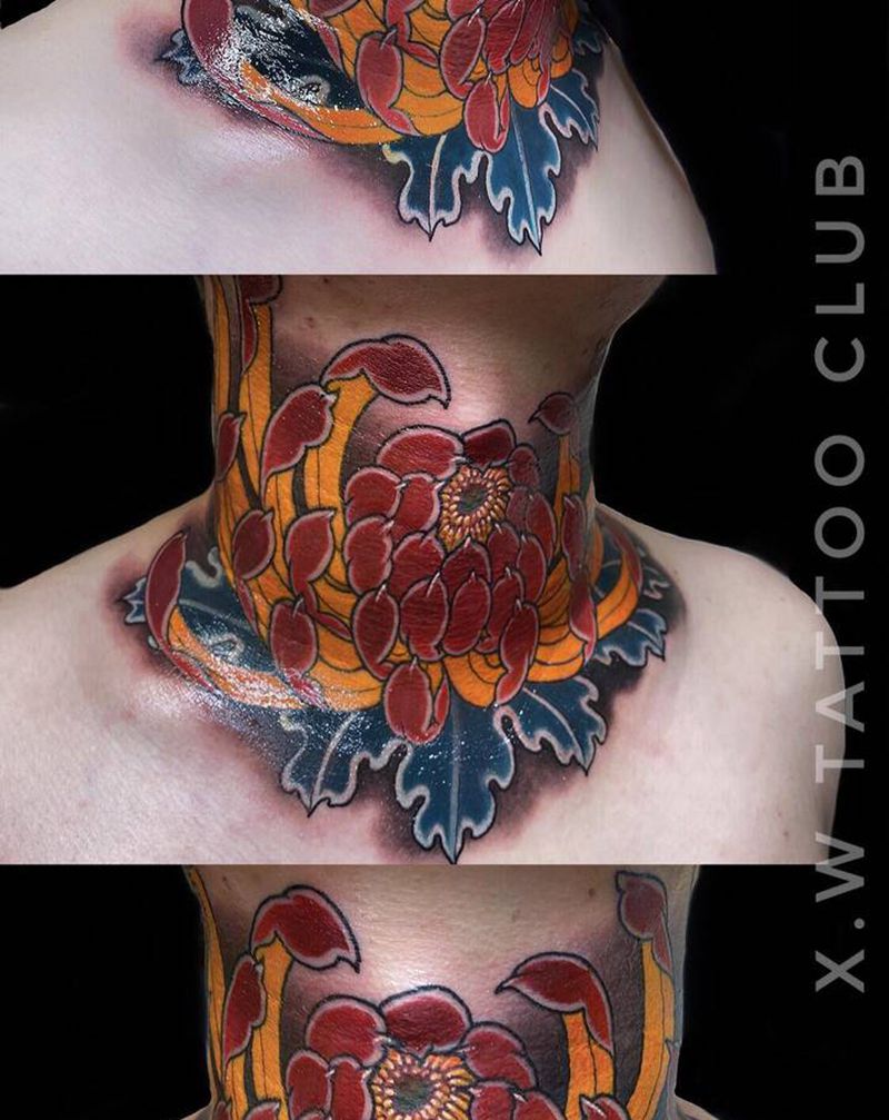 菊花爆脖纹身图片_颈部新传统小伟刺青纹身图案