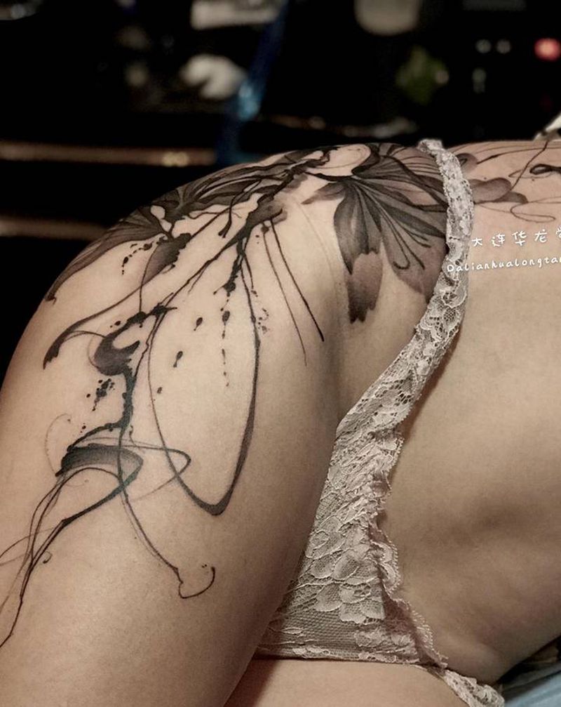 大连华龙堂刺青纹身图片_腿部水墨纹身图案