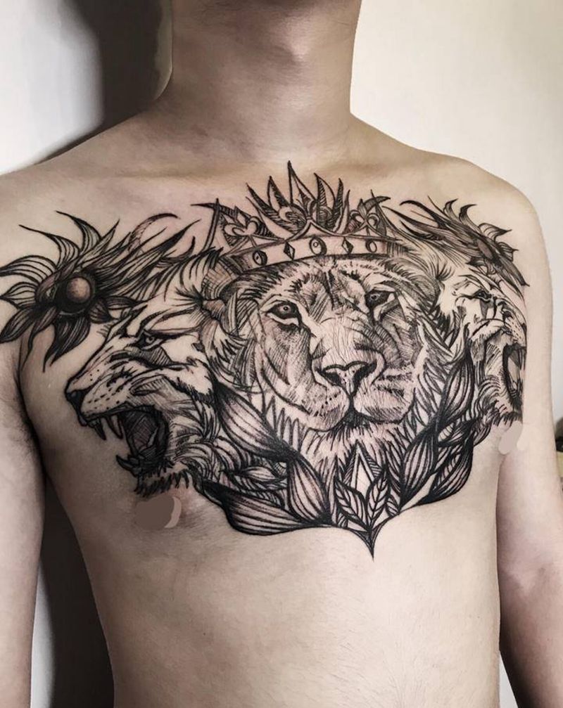 速写风狮子纹身图片_胸部背部欧美写实老传统狮子花胸满背纹身图案