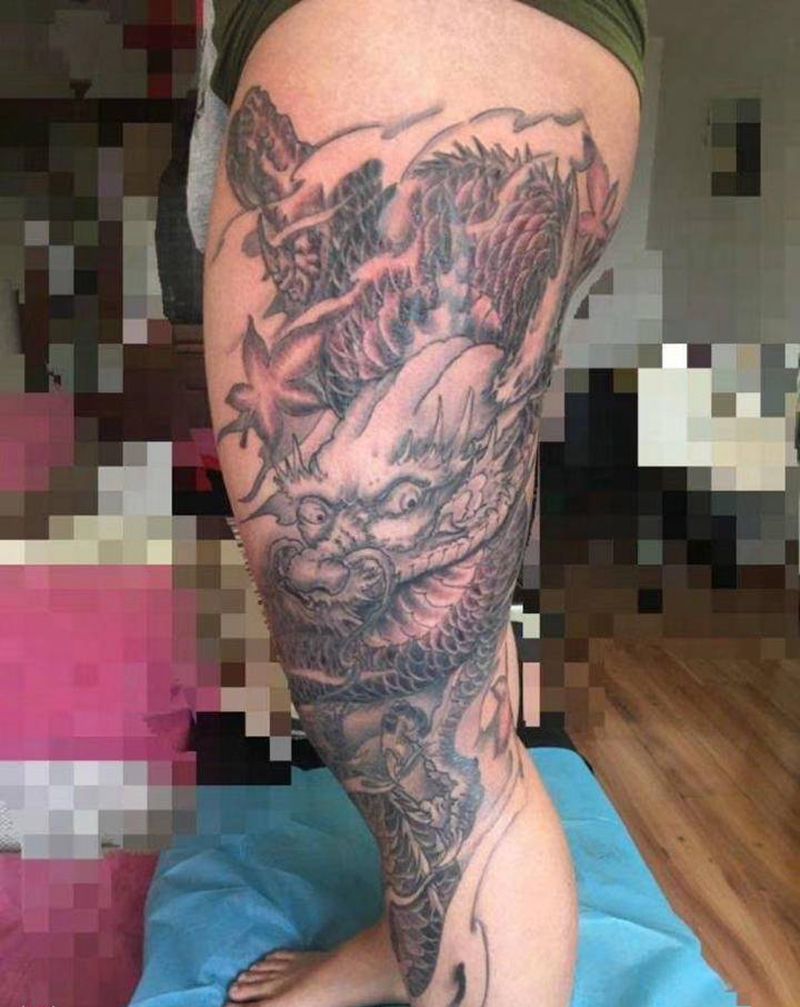 花腿龙纹身图片_腿部新传统龙纹身图案