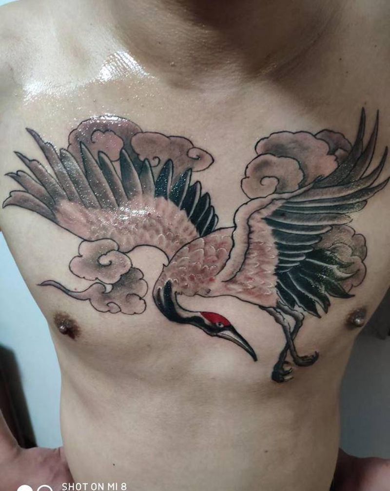 花胸鶴纹身图片_胸部新传统老传统鶴纹身图案