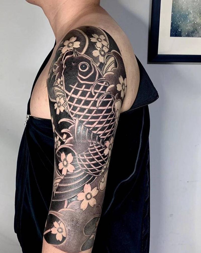 樱花鲤鱼未完成纹身图片_老传统纹身图案