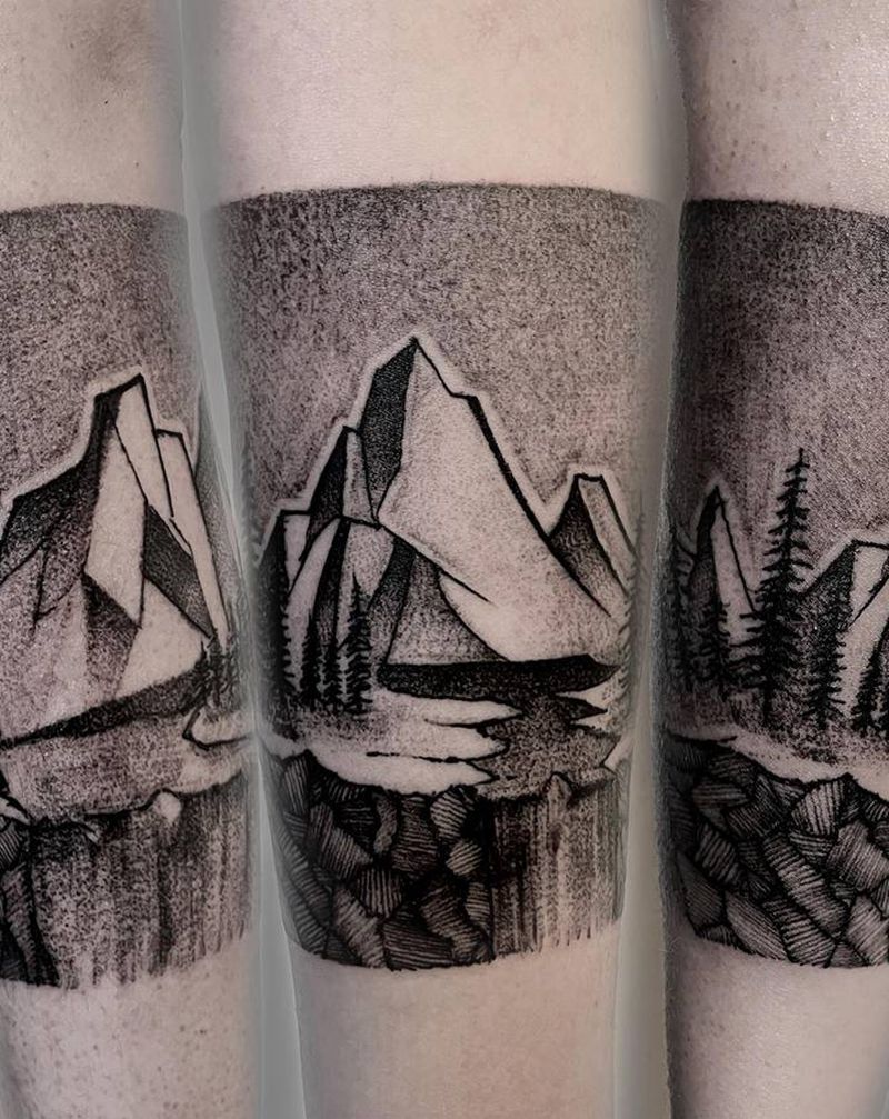 原创手臂环山峰纹身图片_手臂腿部点刺New School山峰几何臂环纹身图案