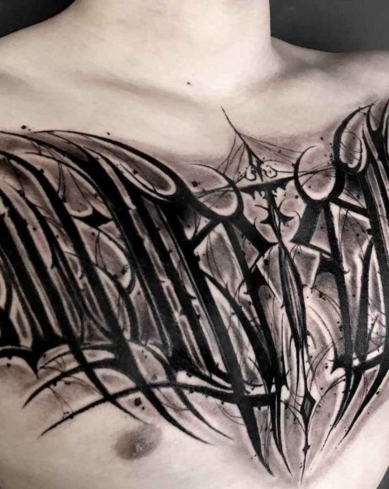 定制原创暗黑花体花胸纹身图片_胸部手臂花体字New School暗黑花胸意义纹身图案