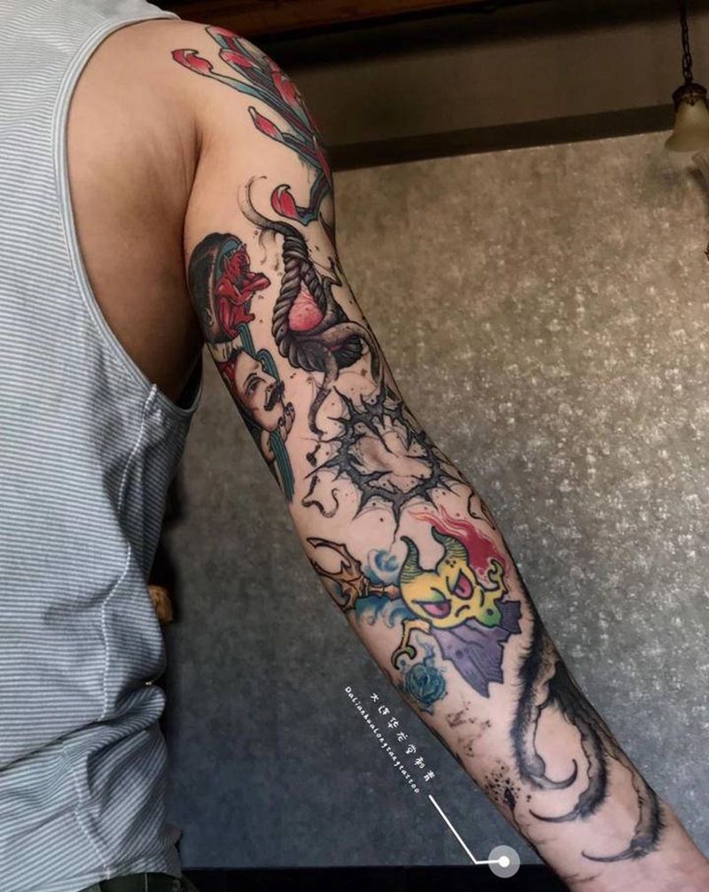 花臂拼接纹身图片_手臂Old SchoolNew School纹身图案