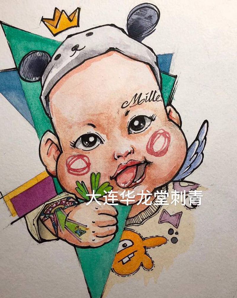 卡通肖像纹身图片_手臂New School水彩卡通纹身图案