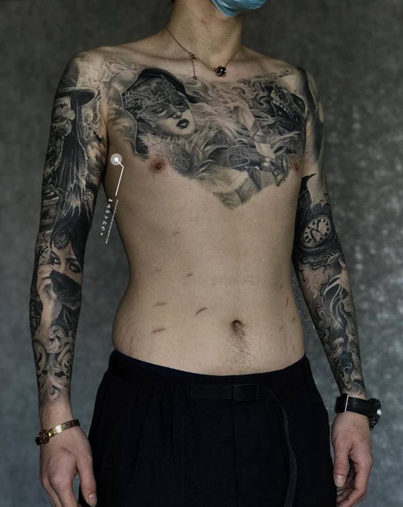 大连华龙堂刺青纹身图片_胸部手臂欧美写实纹身图案