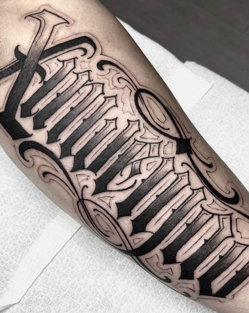 哥特花体字纹身图片_腿部花体字纹身图案