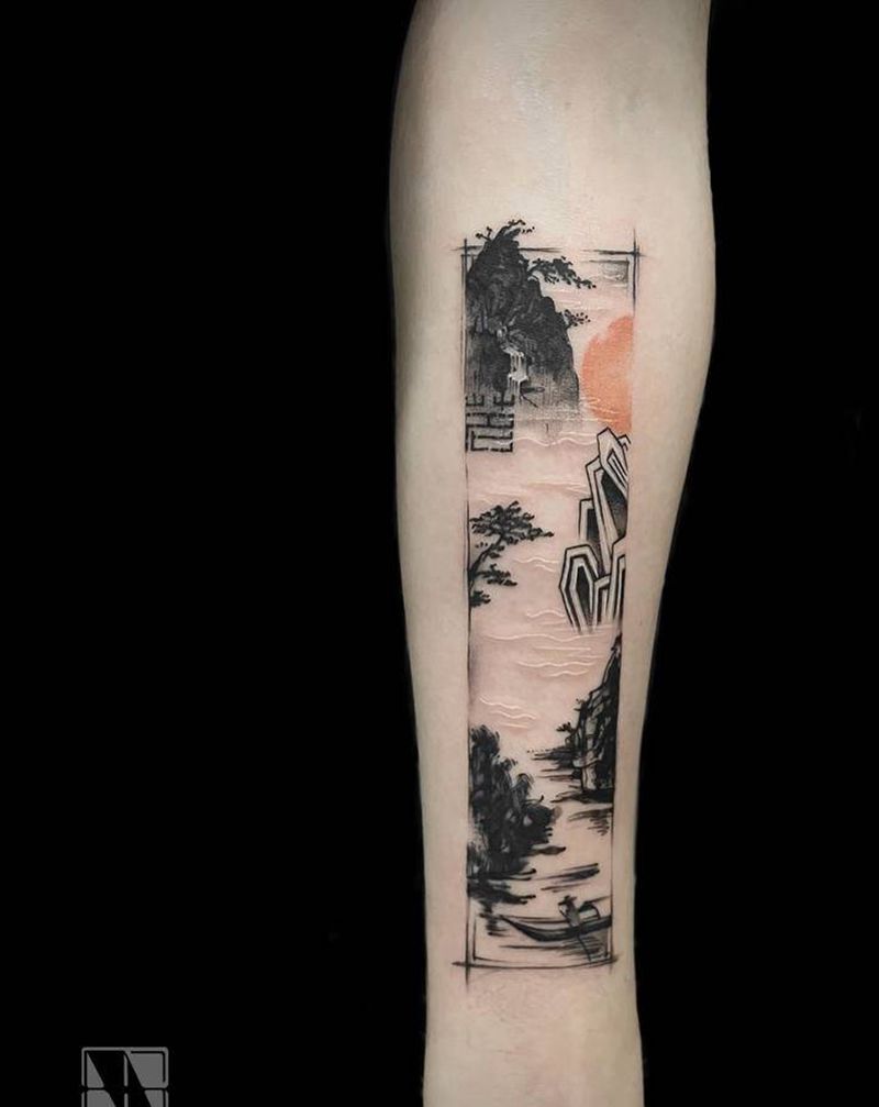 水墨山水纹身纹身图片_手臂水墨纹身图案