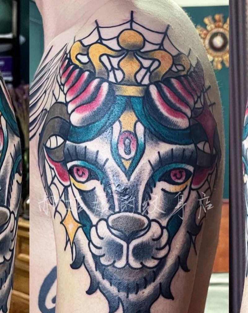 权利山羊纹身图片_手臂Old School纹身图案