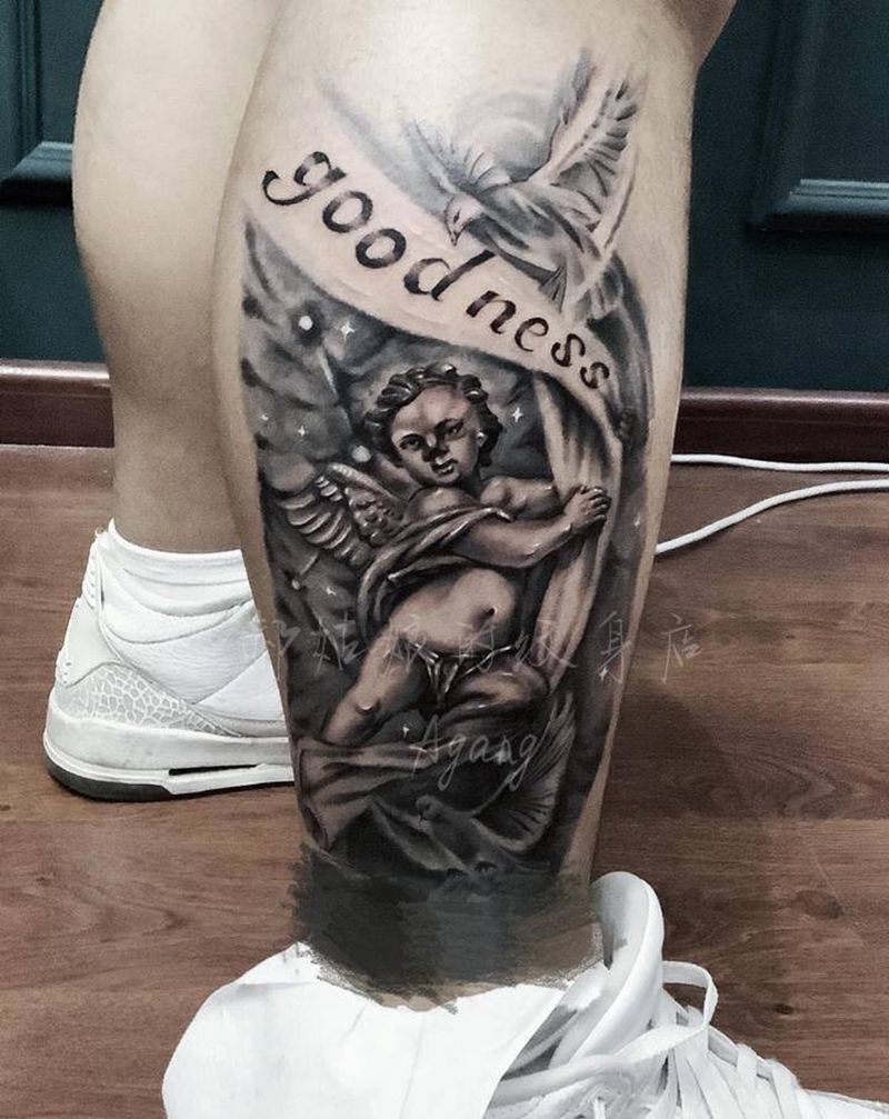 小天使主题欧美写实纹身图片_腿部欧美写实天使巨蟹座和平鸽纹身图案