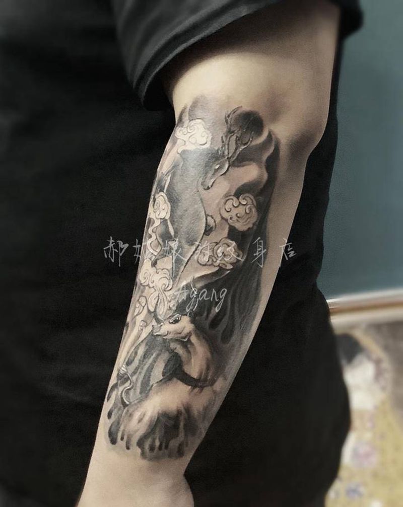 太极阴阳牛羊纹身图片_手臂新传统牛羊八卦图纹身图案