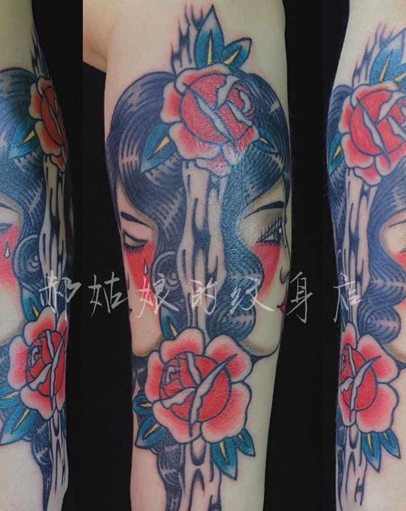 一个双子座的溺水与重生纹身图片_手臂Old School纹身图案