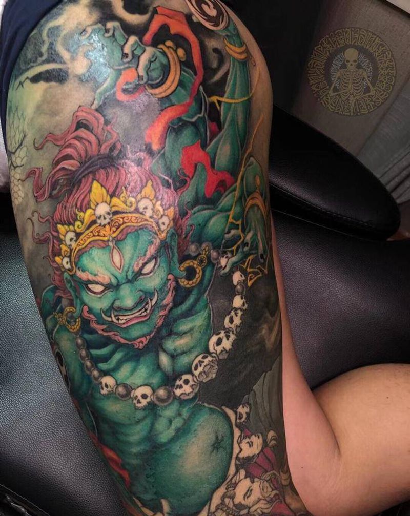 大黑天 花腿 持续恢复中纹身图片_腿部新传统纹身图案