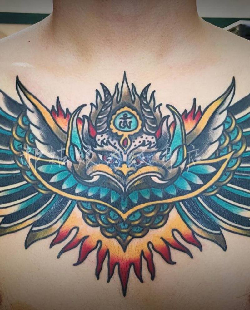 金翅大鹏鸟纹身图片_胸部Old School大鹏鸟纹身图案