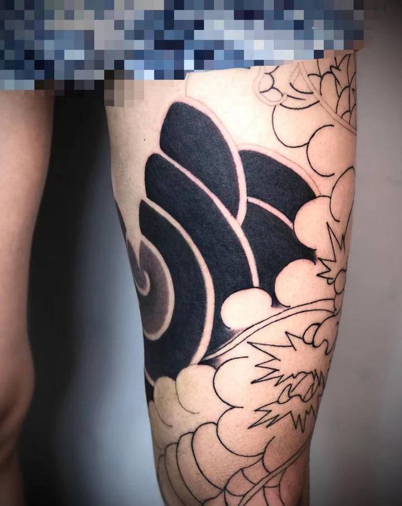 龙、菊花腿局部纹身图片_老传统纹身图案