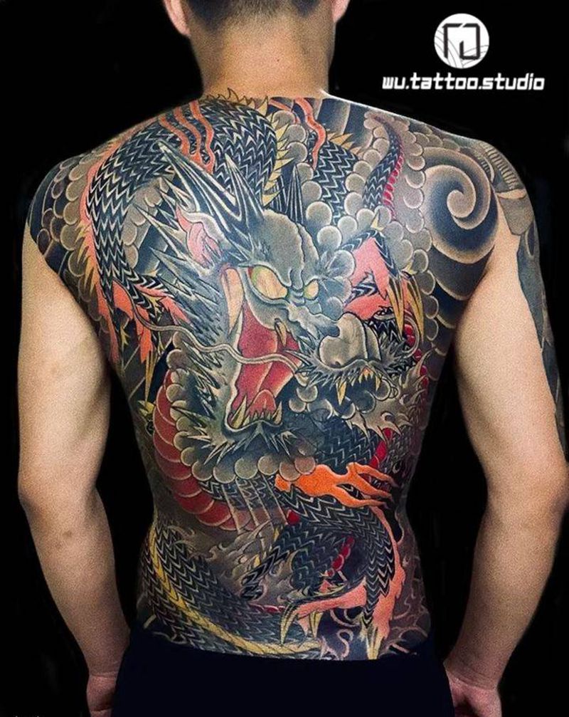 龙遮盖作品纹身图片_背部老传统龙纹身图案