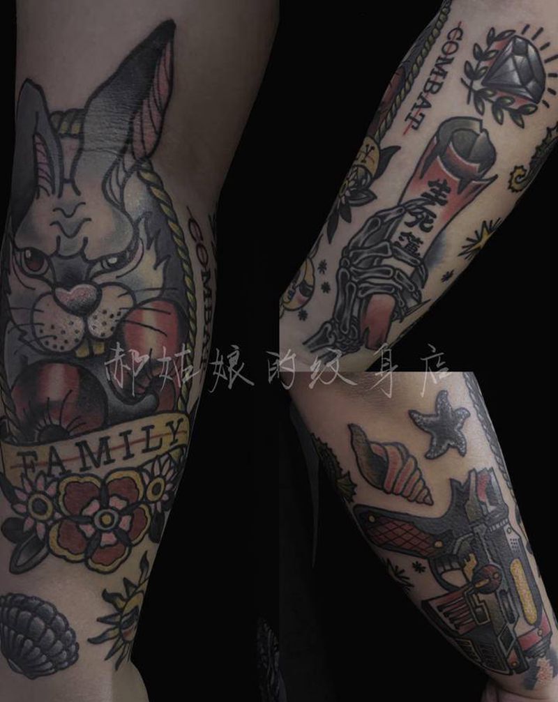 小臂拼接纹身图片_手臂Old School纹身图案