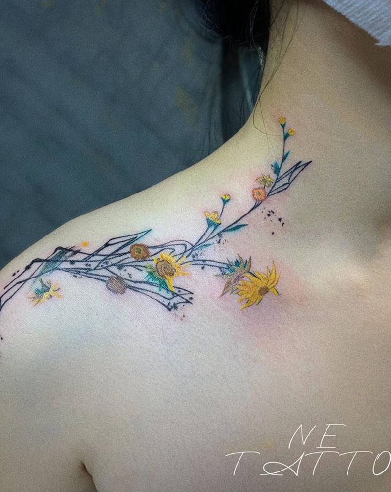 《梵高花》纹身图片_颈部肩部水彩纹身图案