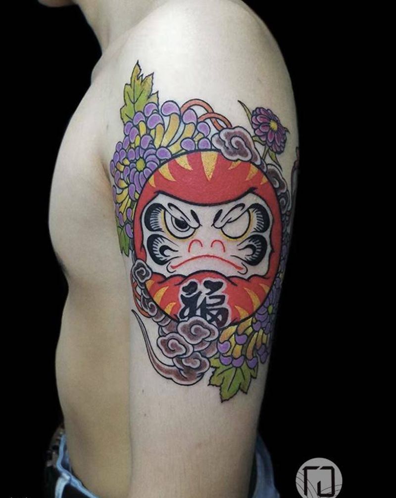 原创老传统达摩蛋菊花纹身图片_手臂老传统达摩蛋菊花纹身图案