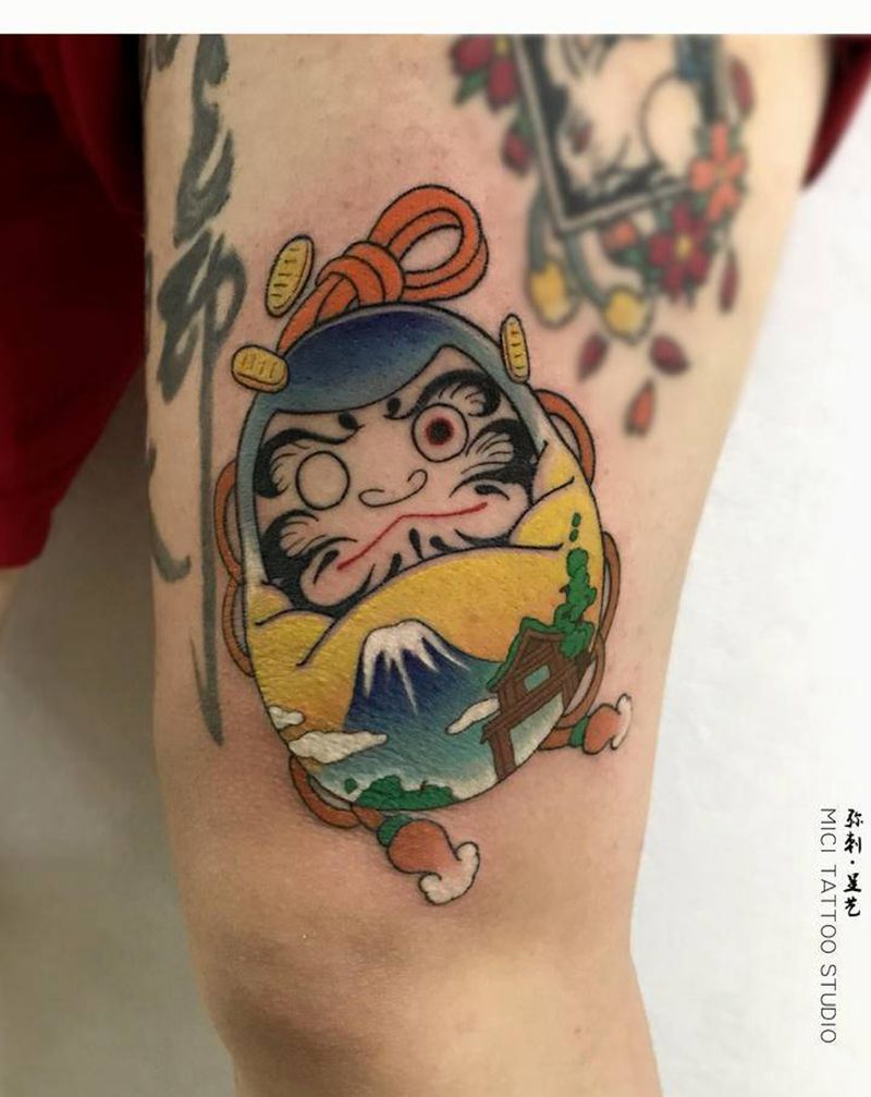 达摩蛋纹身图片_腿部达摩蛋纹身图案