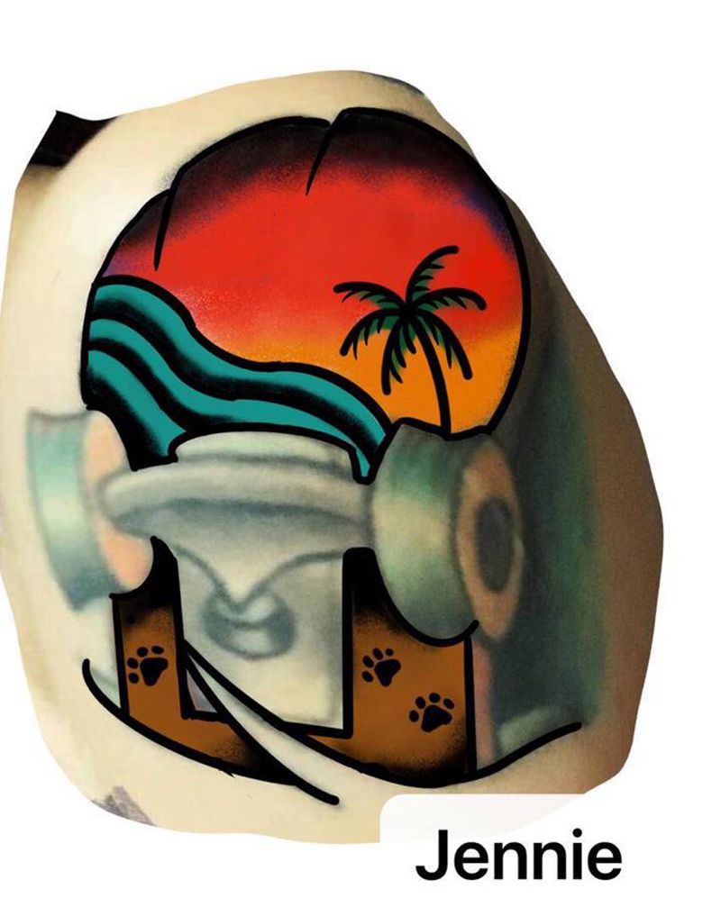 旧物改造纹身图片_手臂Old School滑板风景纹身图案