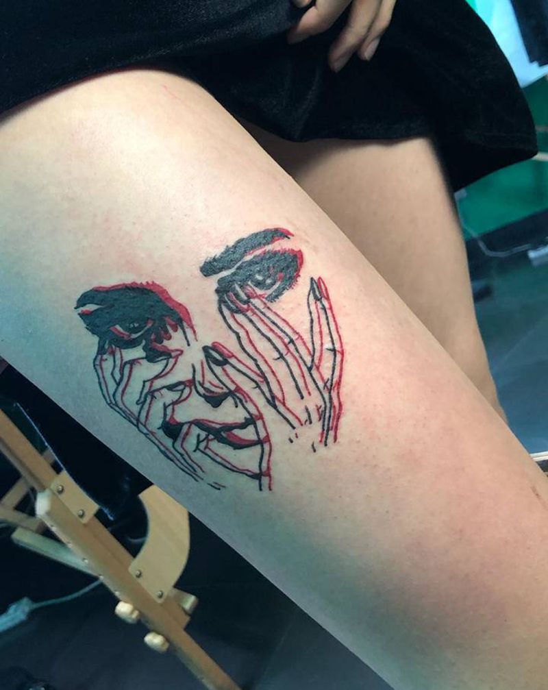 原创手稿上身纹身图片_腿部black work纹身图案