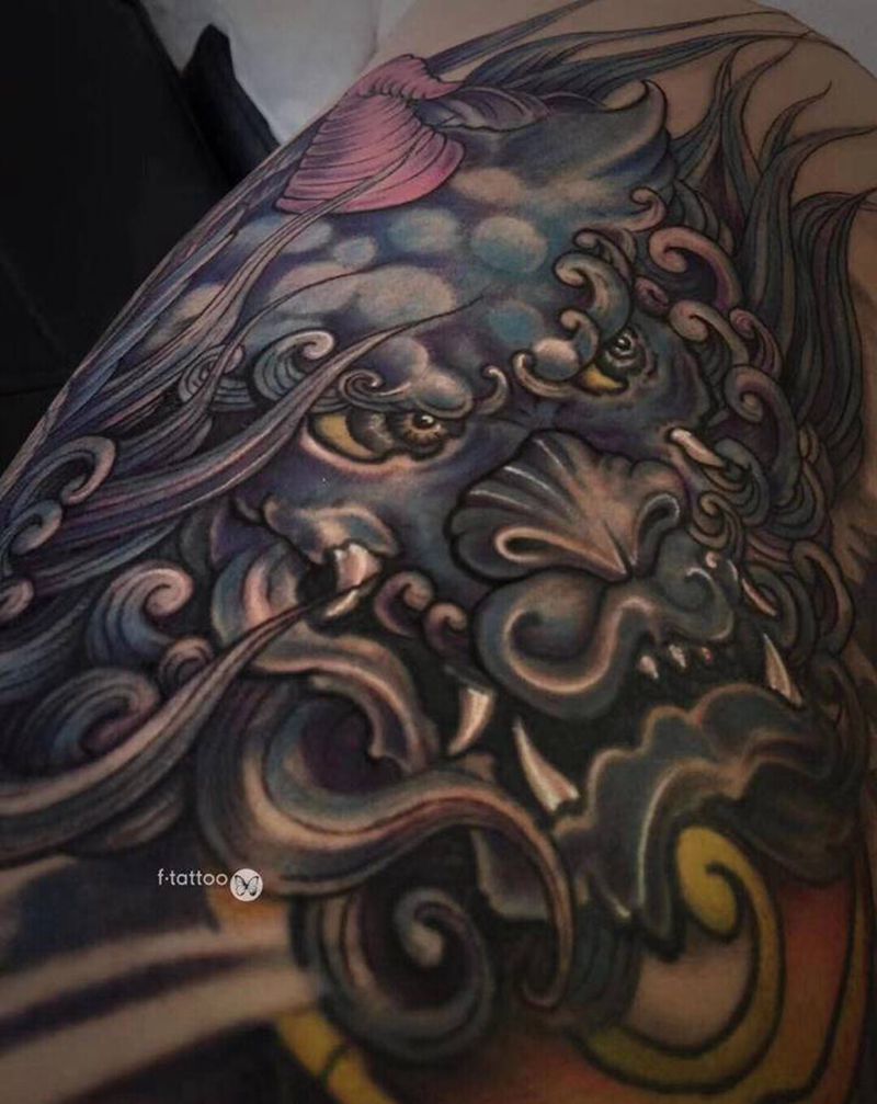 唐狮.纹身图片_手臂新传统唐狮纹身图案