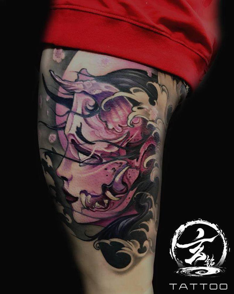 般若纹身图片_腿部新传统纹身图案