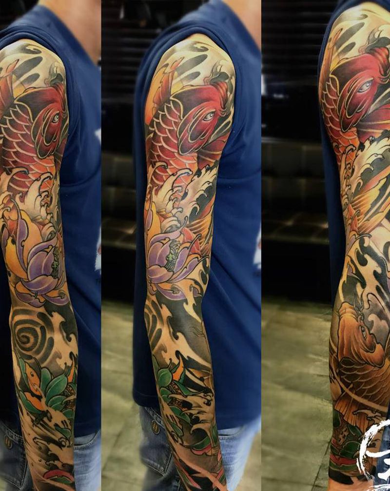 鲤鱼花臂纹身图片_新传统老传统纹身图案