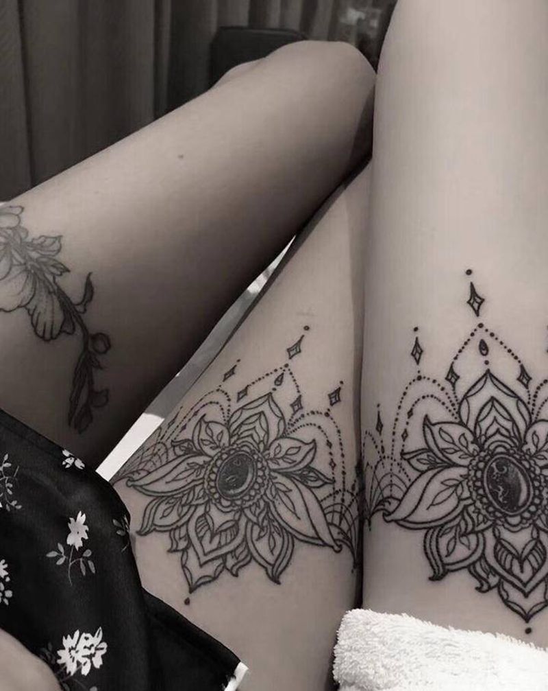 17年作品繁花买家秀纹身图片_腿部点刺图腾纹身图案