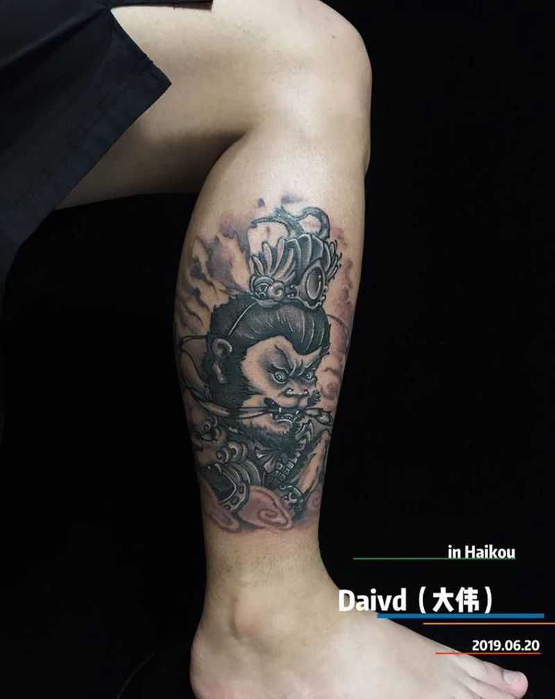 大圣纹身图片_腿部新传统纹身图案