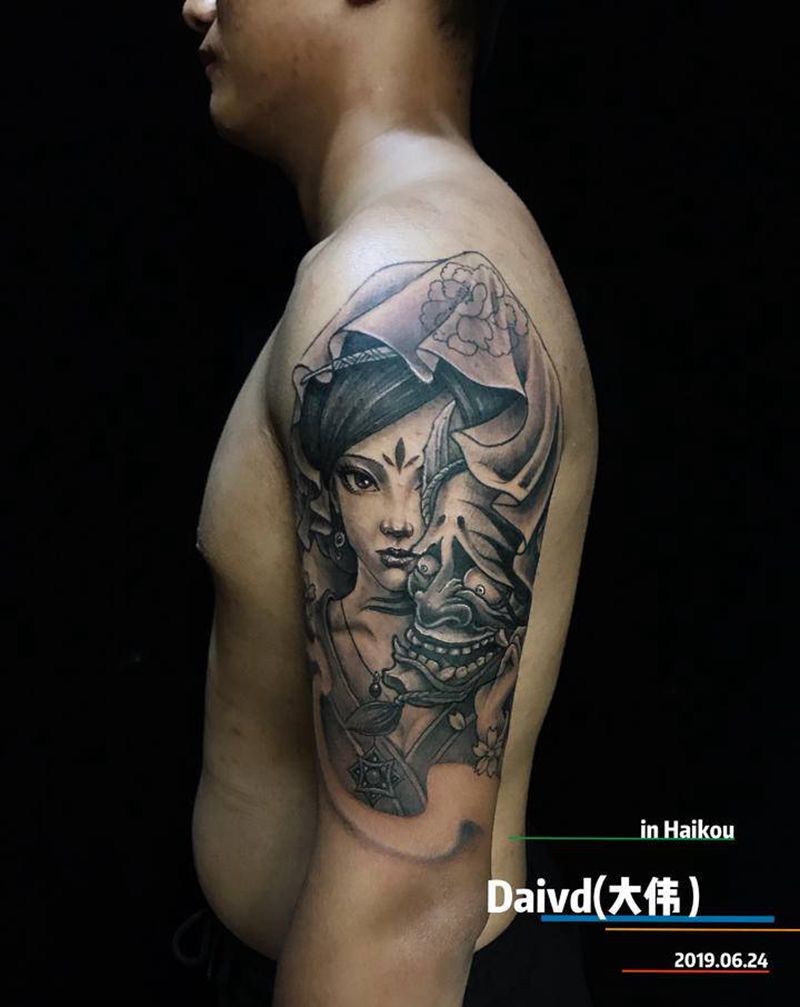 艺伎纹身图片_手臂肩部新传统纹身图案