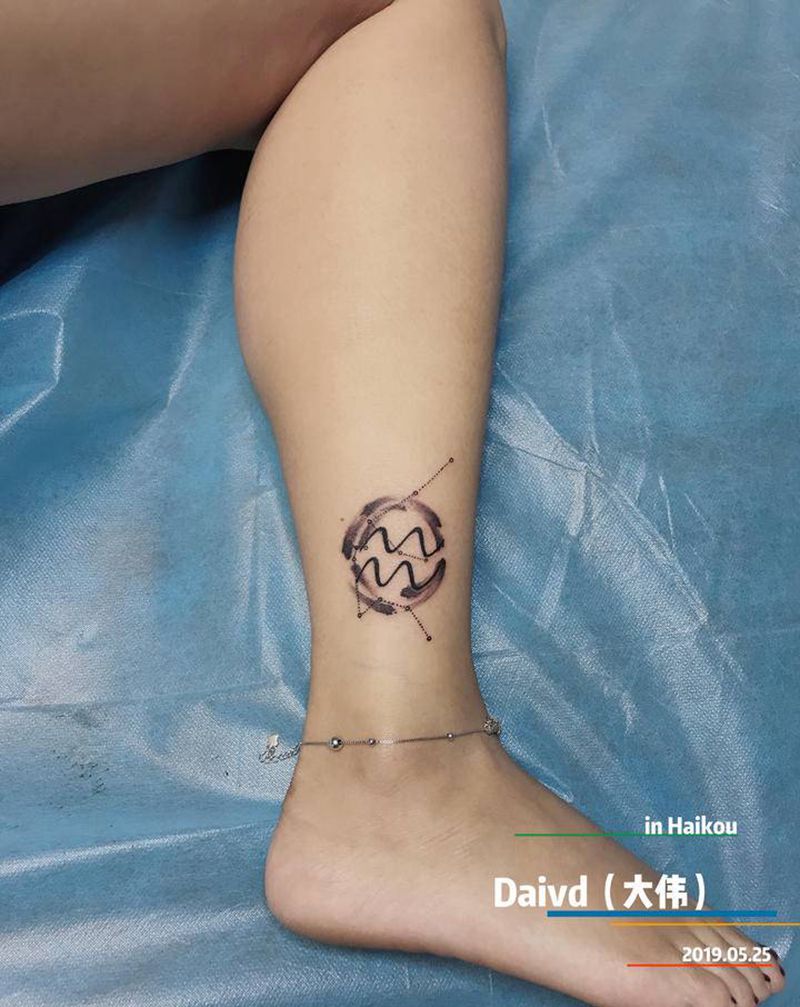 星座设计纹身图片_腿部水墨纹身图案