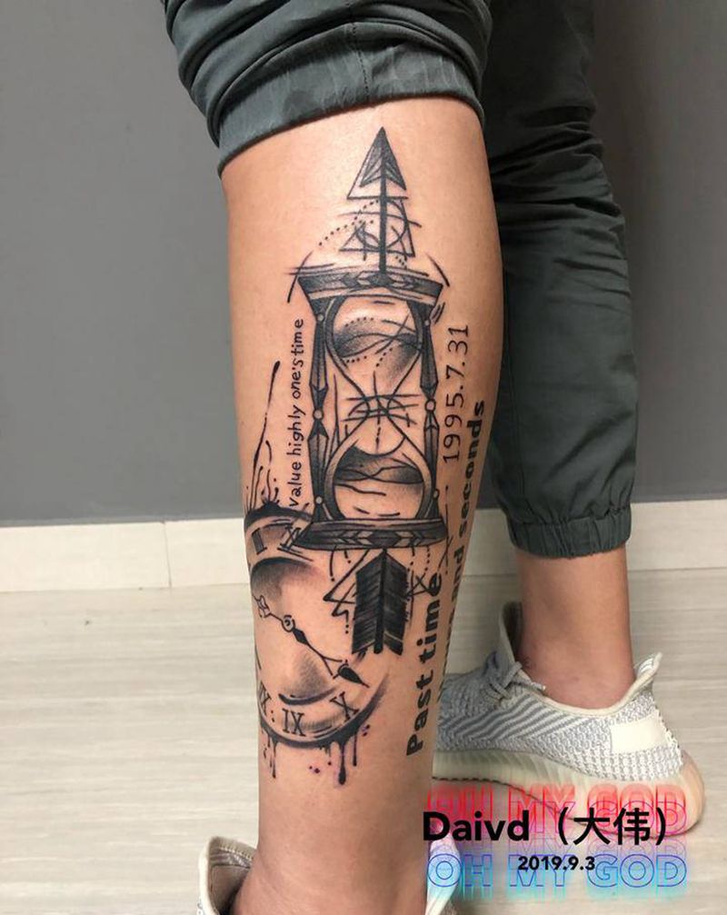 私人设计纹身图片_腿部Old School水墨纹身图案