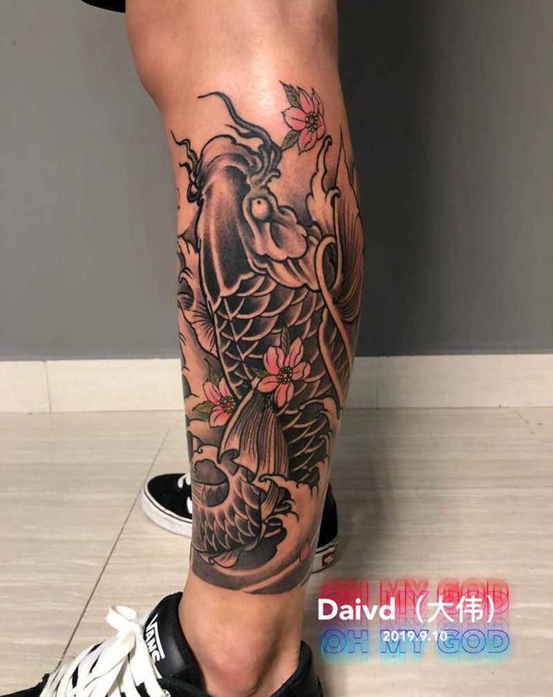 鲤鱼包小腿纹身图片_腿部新传统纹身图案