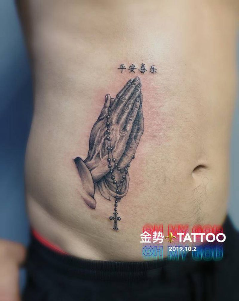 祈祷之手纹身图片_腹部New School欧美写实纹身图案