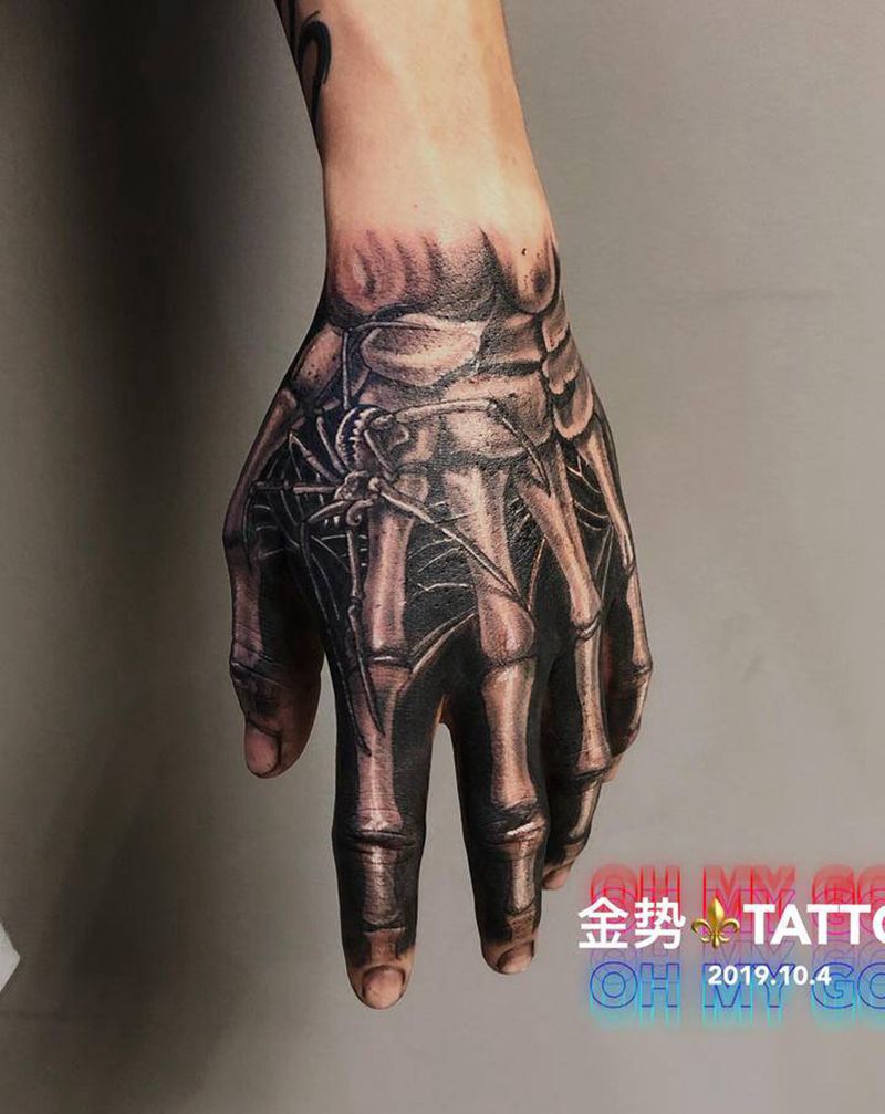 骷髅手纹身图片_手部欧美写实纹身图案