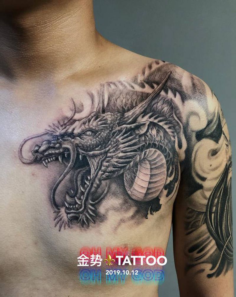 龙纹身图片_胸部新传统纹身图案