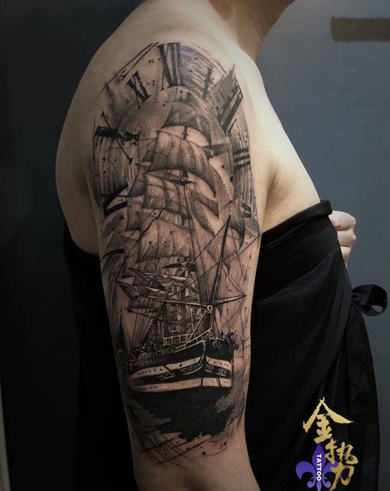 泼墨涂鸦写实帆船纹身图片_手臂欧美写实水墨纹身图案