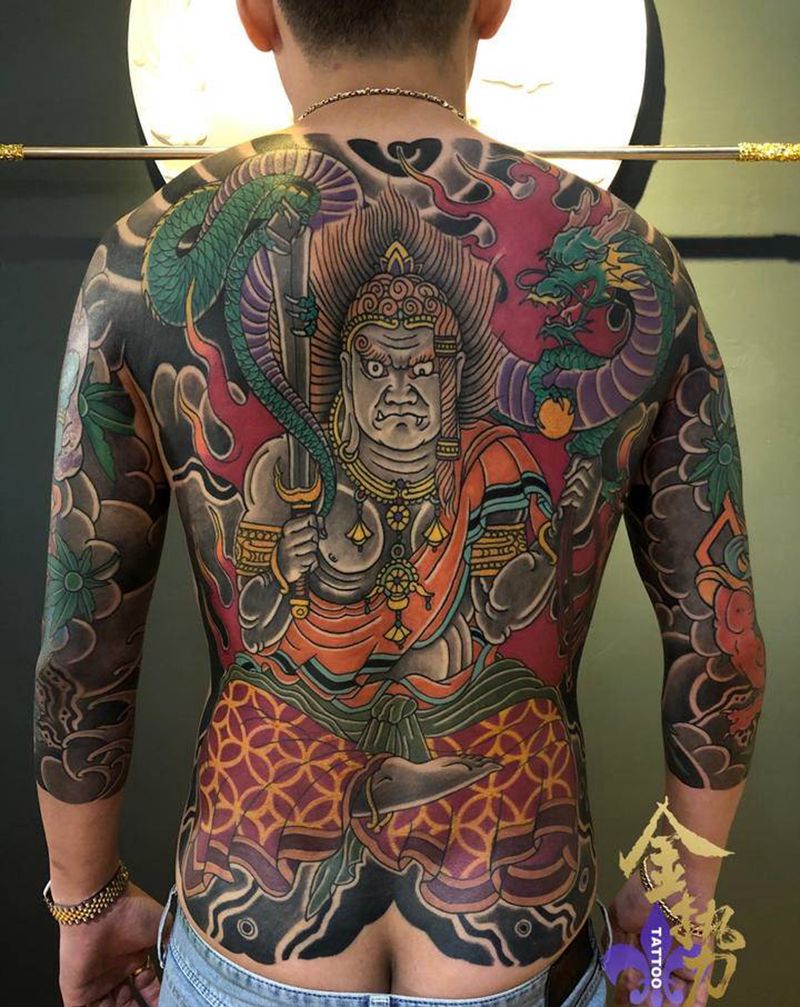 不动明王·风神·雷神纹身图片_背部手臂老传统纹身图案