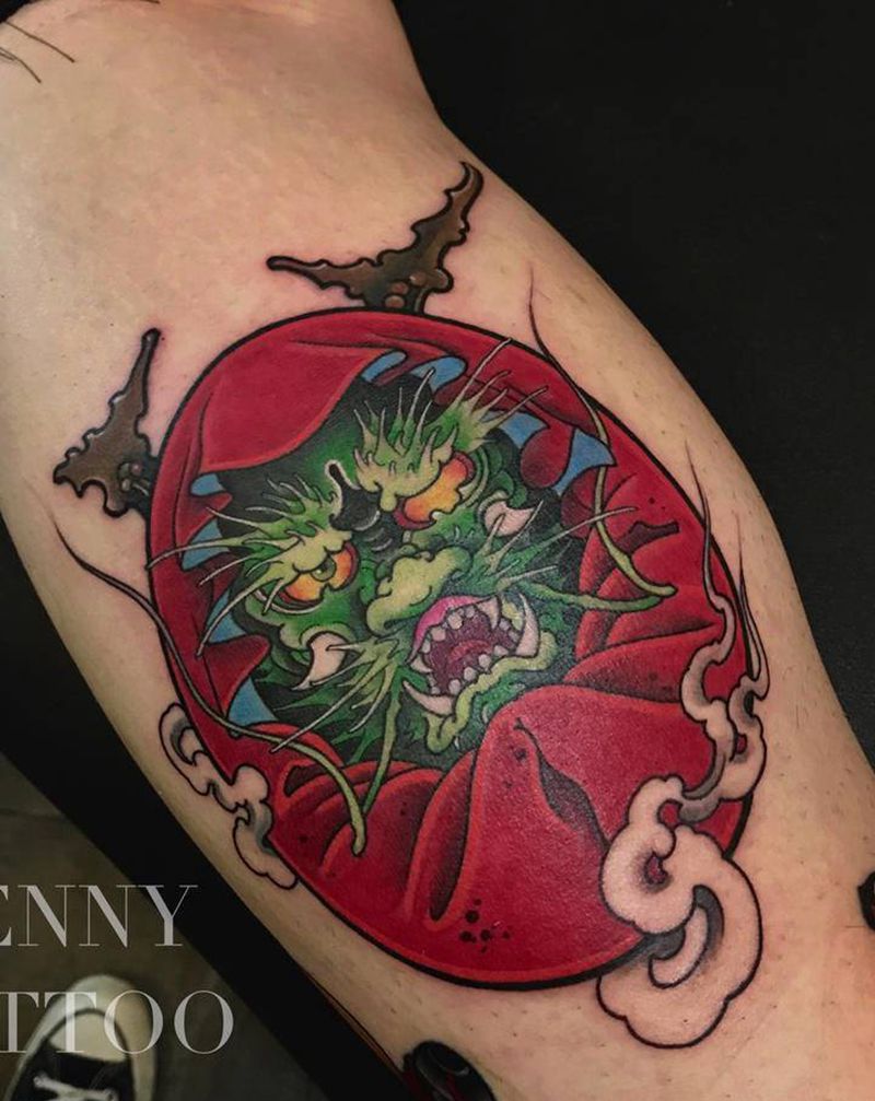 达摩纹身图片_腿部New School龙达摩纹身图案