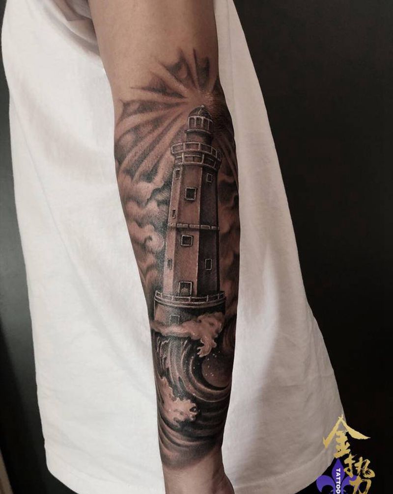 灯塔纹身图片_手臂欧美写实纹身图案
