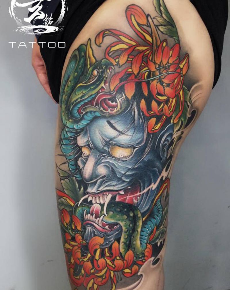 蛇盘般若纹身图片_腿部新传统老传统纹身图案