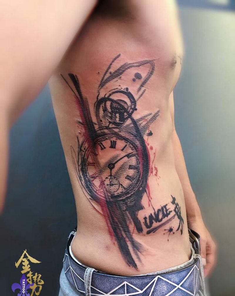 泼墨涂鸦怀表纹身图片_腰部腹部水墨图腾纹身图案