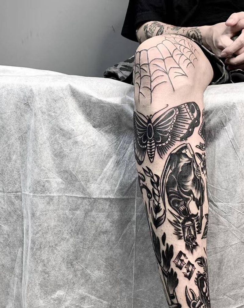 拼接花腿纹身图片_腿部Old School纹身图案