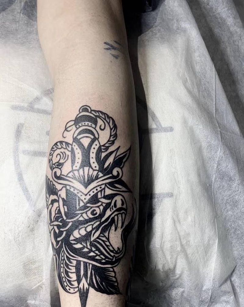 拼接花腿纹身图片_腿部Old School纹身图案