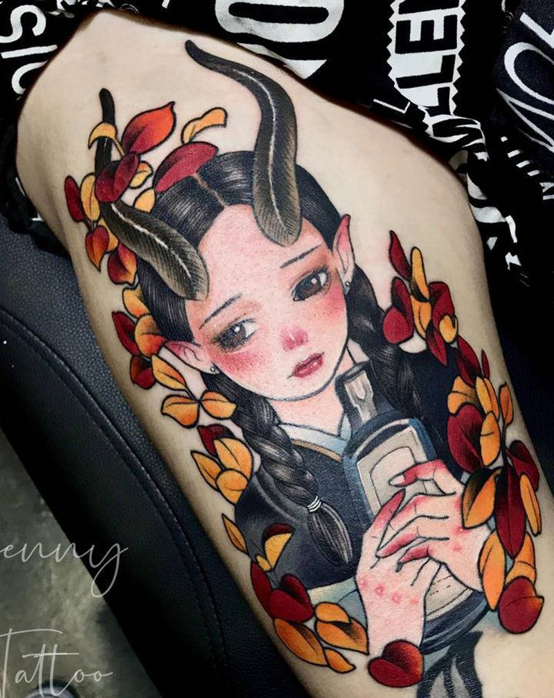 女孩纹身图片_腿部New School摩羯座人物植物纹身图案