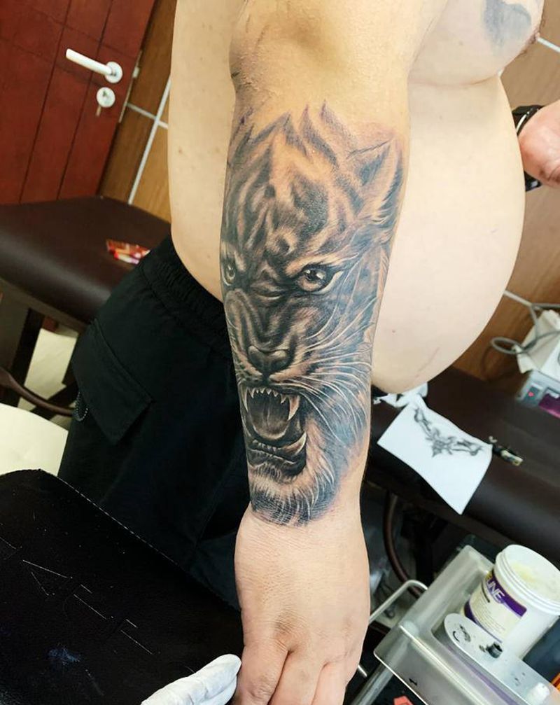 虎头纹身图片_手臂欧美写实纹身图案
