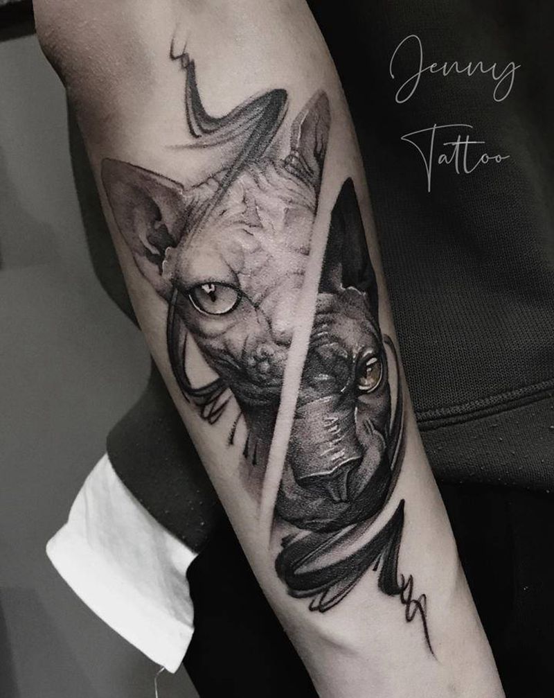 司芬克斯纹身图片_手臂水墨点刺猫双子几何纹身图案